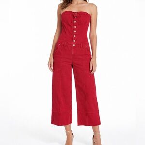 Y2K Women Small Red Denim Sleeveless Jumpsuit Wide 3/4 Leg Vintage Button accent